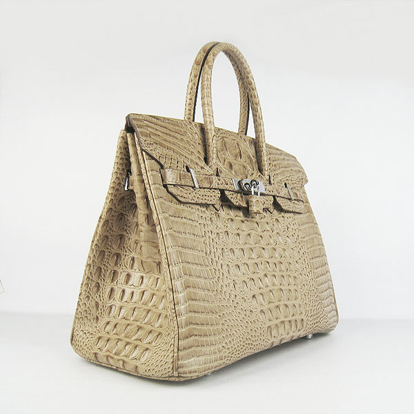 High Quality Fake Hermes Birkin 35CM Crocodile Head Veins Leather Bag Apricot 6089 - Click Image to Close